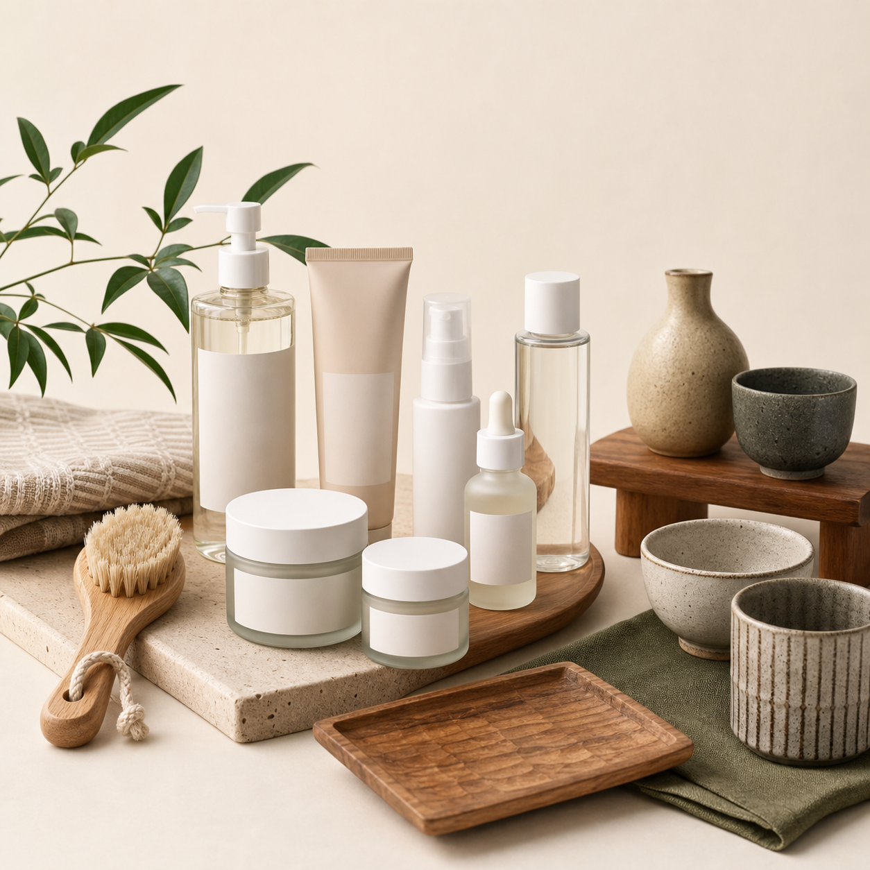 ブランド表示のない化粧品、生活雑貨、木工品、陶器などの工芸品